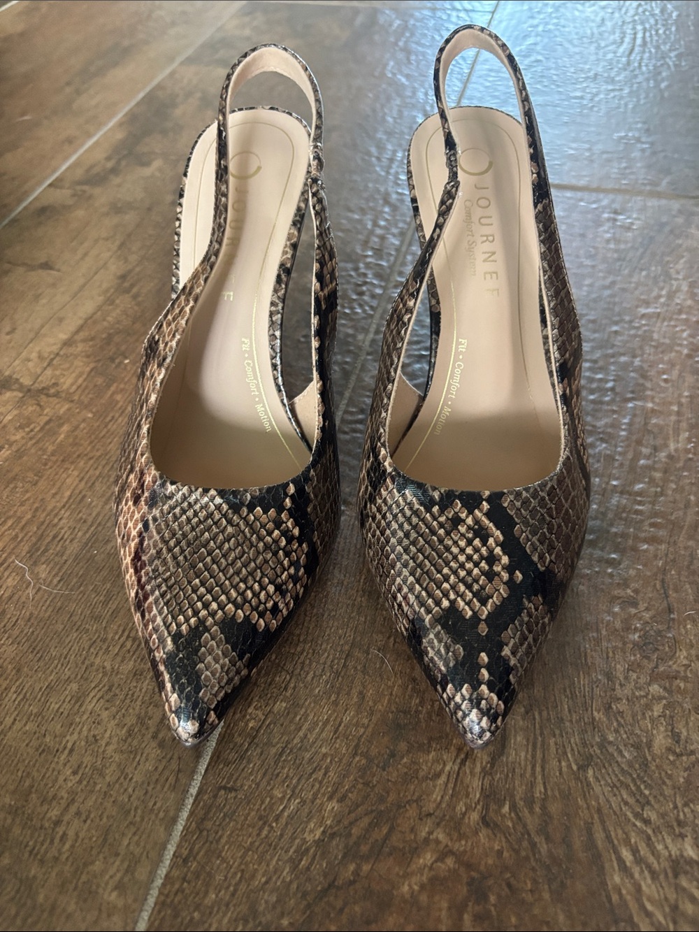 Journee Collection Snake-Print Pointed Slingback Pumps in Brown and Black